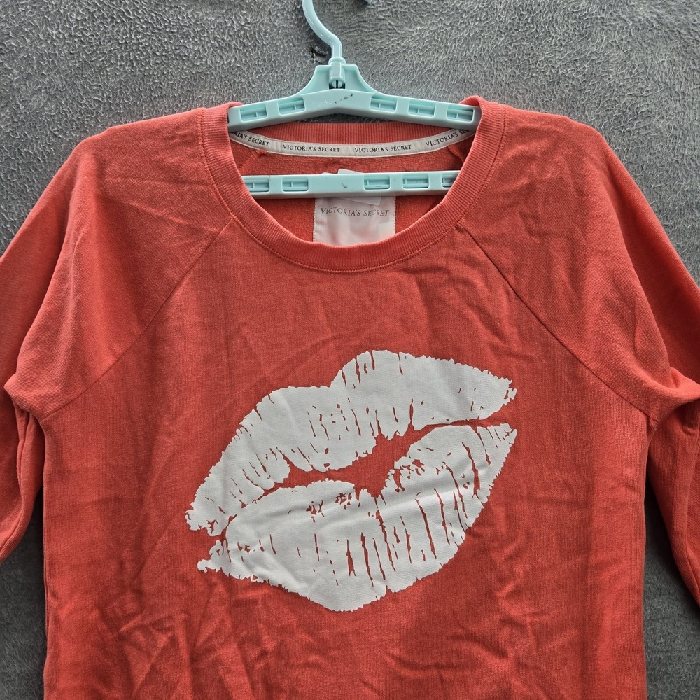 Victoria's Secret PINK Women Sweatshirt S/P Coral Lips Graphic Print Long Sleeve